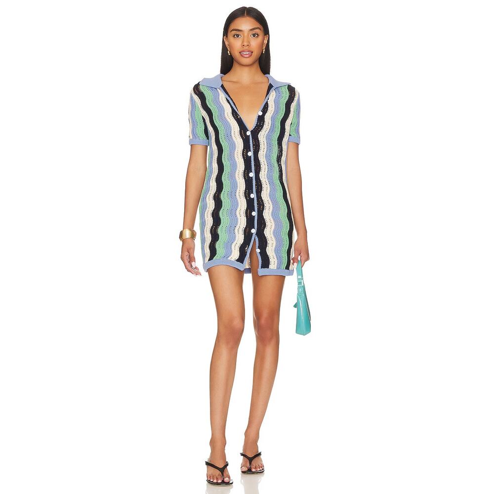 HEARTLOOM Carlisle Cover Up Dress Knit Blue Green Cream Black Size Medium Collar